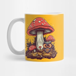 Tiny and happy owl under the mushrooms Mug